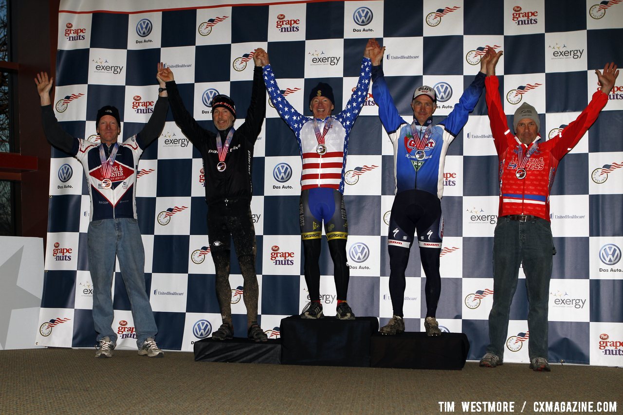 Podium of the 55-59 Masters Race, in order of placings: Curley, Kreiss, Downs, Shields and Root.  © Tim Westmore